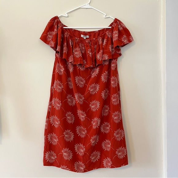 Madewell | Silk Off the Shoulder Dress | Orange Palm flower print | Size Medium - Picture 4 of 13